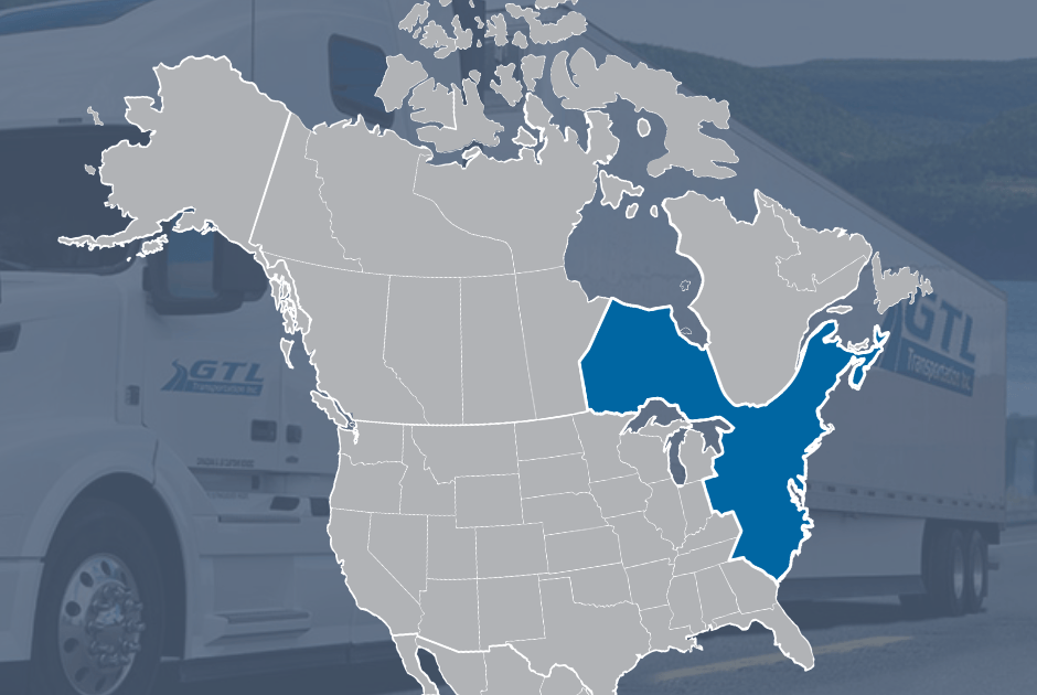A map of Canada and the USA in grey and the east coast is filled in blue, showcasing which eastern part the company covers, with a GTL truck way faded way in the background.